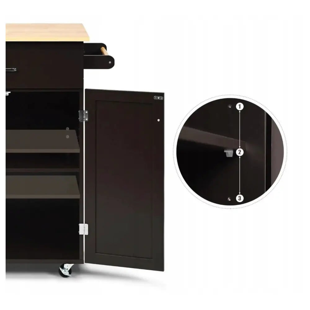 Kjøkkenøy vogn i sort, åpen dør viser justerbare hyller og hyllefester, hjul synlig nederst.