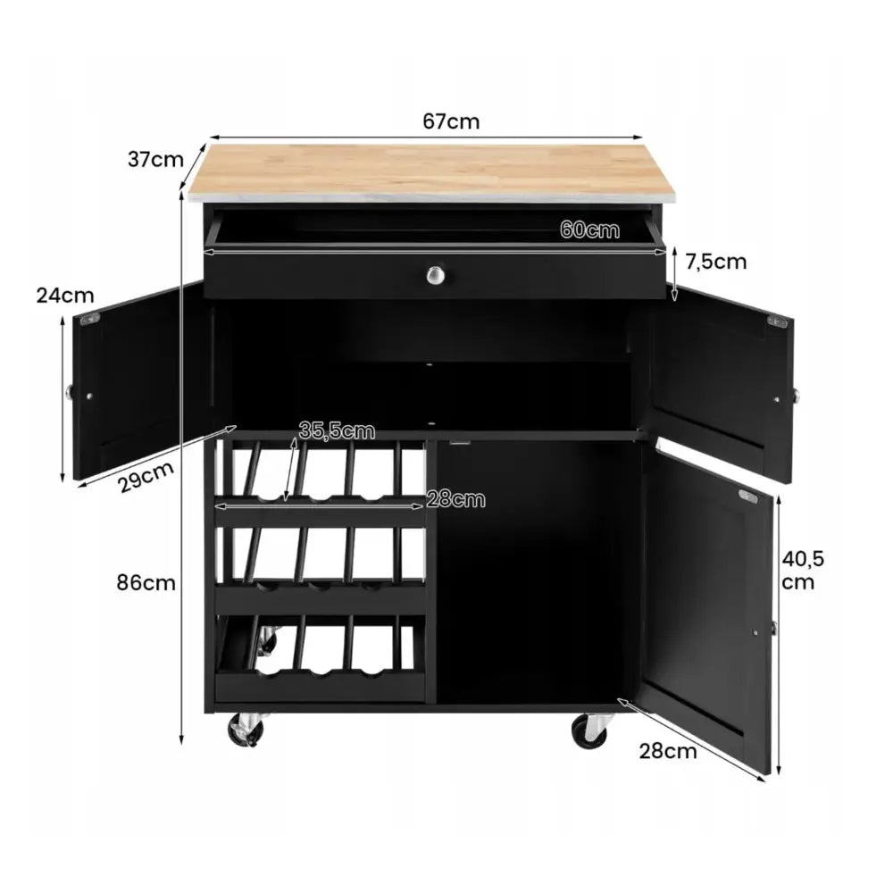 Kjøkkenøy vogn i sort med lys treplate, åpne dører, skuff og synlige mål samt flaskehyller.
