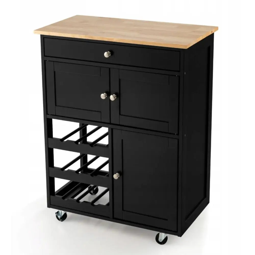 Kjøkkenøy vogn med sort ramme, lys treplate, skuffer, skap, vinholdere og hjul, sett fra skrått.