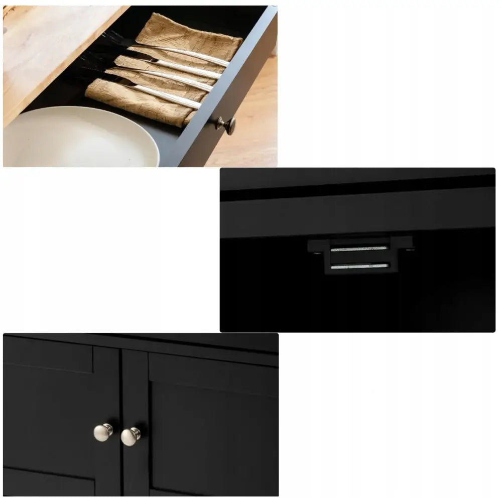 Kjøkkenøy vogn i svart, nærbilde av åpen bestikkskuff, magnetlås og dører med sølvknotter.