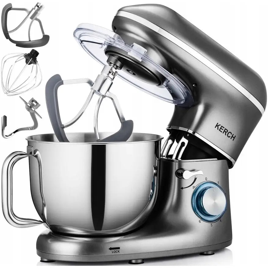 Kjøkkenrobot Kerch Mychef i sølv, sidevisning med stor bolle, utskiftbare visper og synlig kontrollpanel.