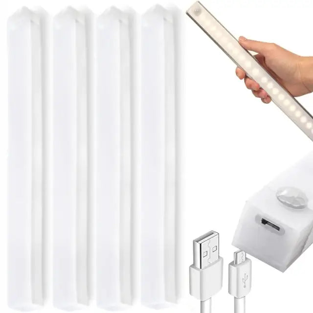 Kjøkkenskapslys med USB-lading, fem hvite LED-lys med plastkropp, hånd holder ett og USB-kabel vises.