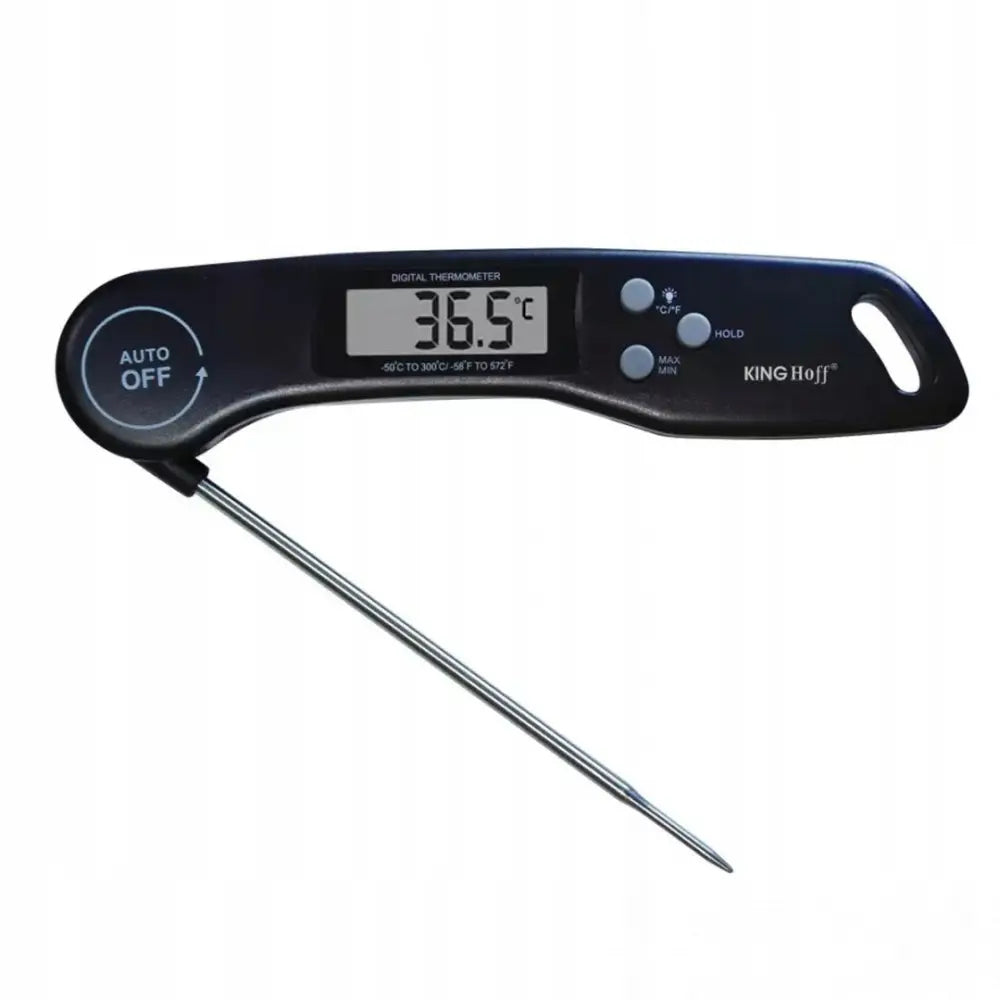 Kjøkkentermometer med LCD, svart håndtak og utfellbar metallspiss, temperatur vises på skjermen.