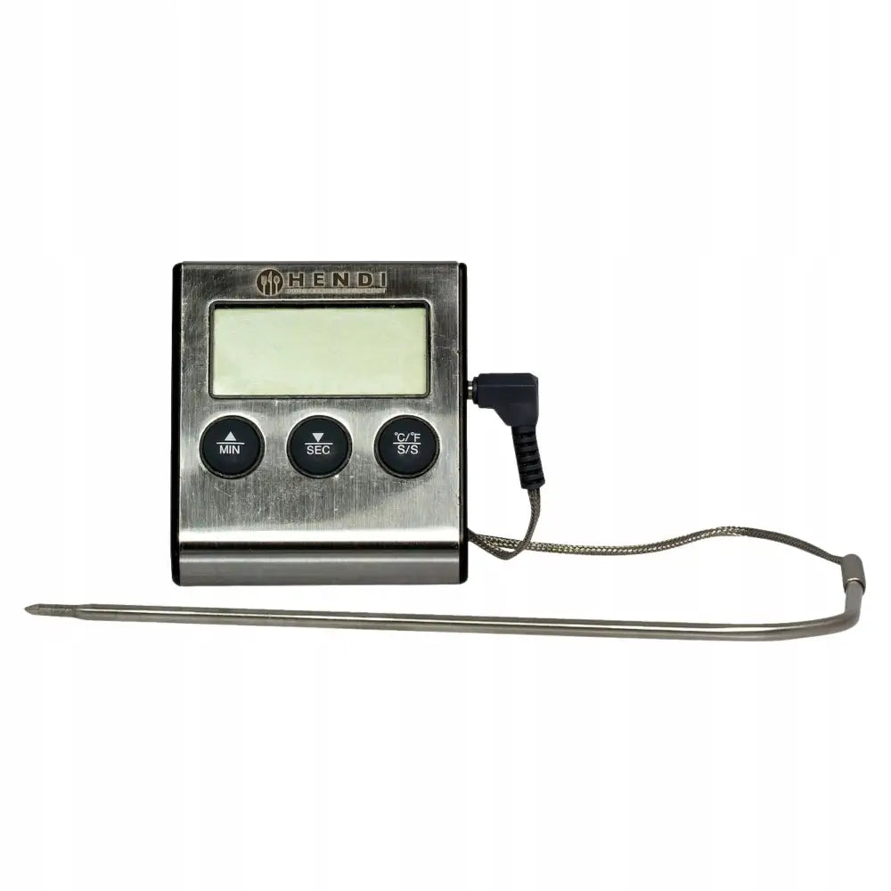 Kjøkkentermometer med digital LCD-skjerm, tre knapper og lang, metallprobe med ledning, sett forfra.