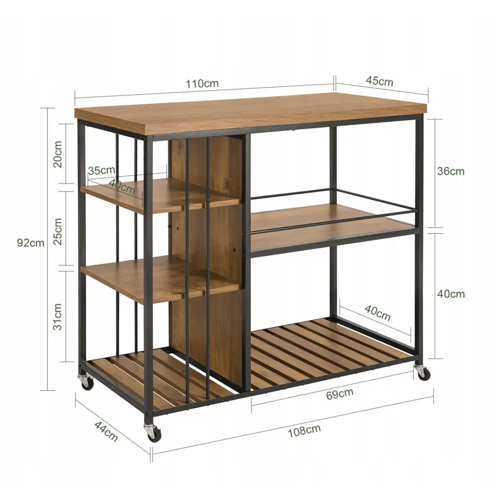 Kjøkkentrolley med svarte hyller, brun trerist i bunn og målmarkeringer, sett fra siden.