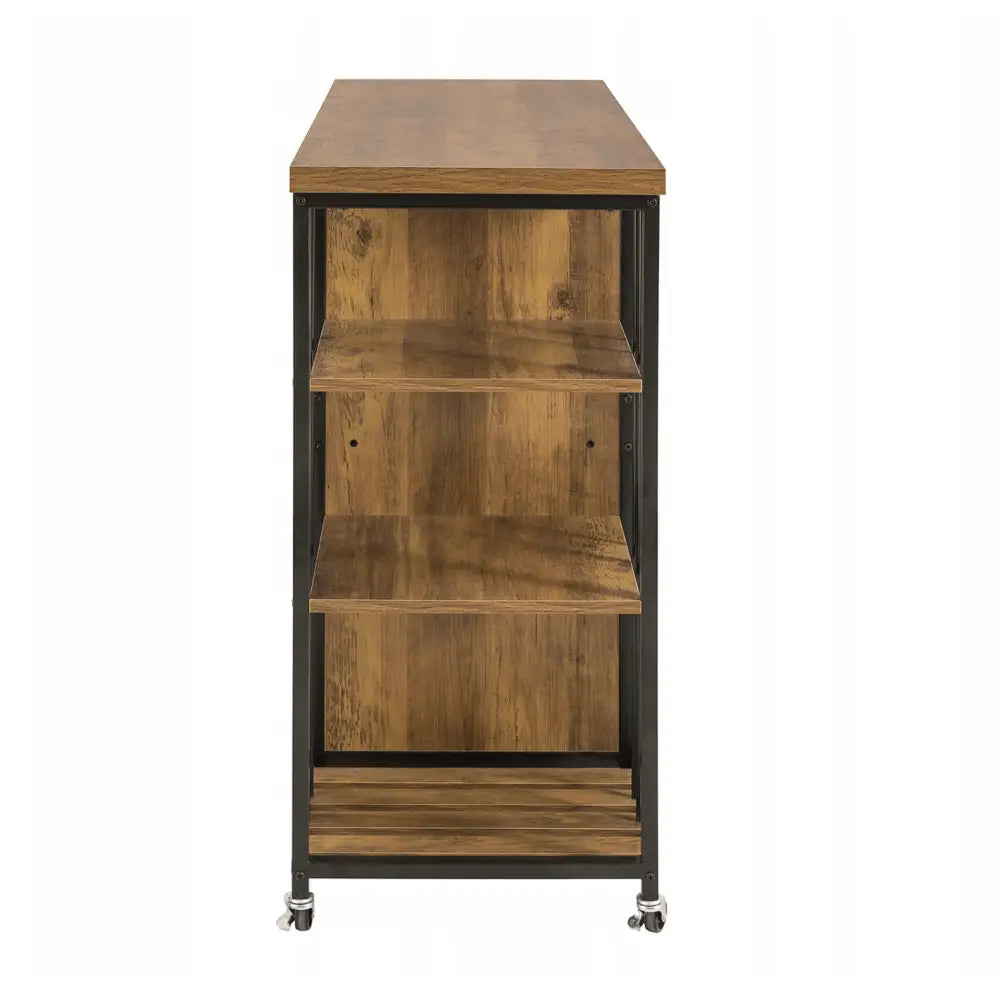 Kjøkkentrolley med svart ramme, tre åpne hyller og fire hjul, sett fra kortsiden med synlig trestruktur.