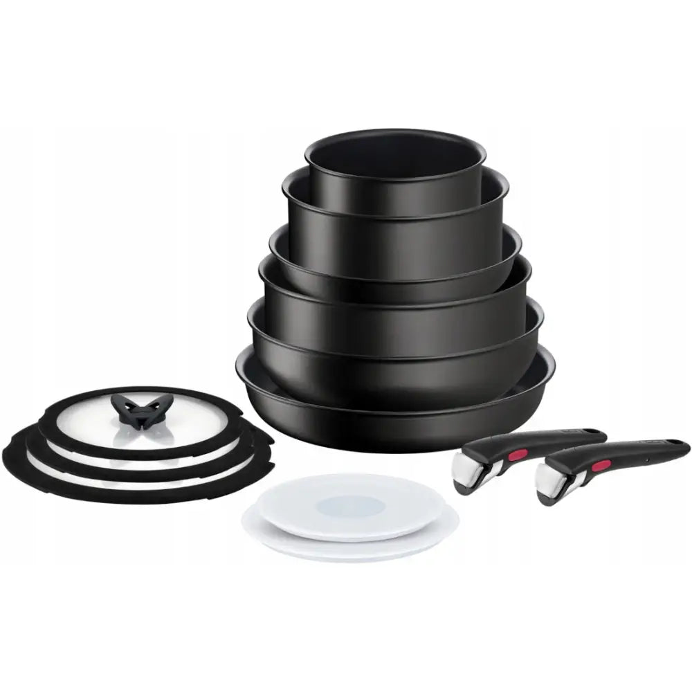 Kjøkkenutstyrsett Tefal Ingenio Unlimited, stablede kjeler og panner med glasslokk, plastlokk og avtakbare håndtak.