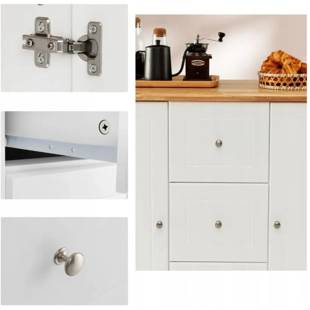 Kjøkkenvogn og skap, nærbilde av hvite skuffer og skapdører med sølvknotter og treplate med kjøkkenutstyr.