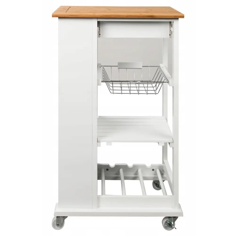 Kjøkkenvogn med hvit ramme, lyst treverk på toppen, trådkurv, hylle og vinholder, sett fra siden.