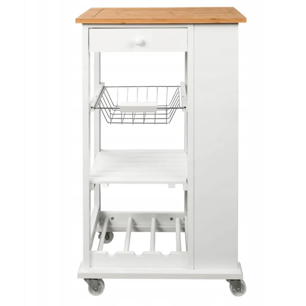 Kjøkkenvogn i hvitt tre med lys topp, frontvisning av skuff, metallkurv, to hyller og hjul.