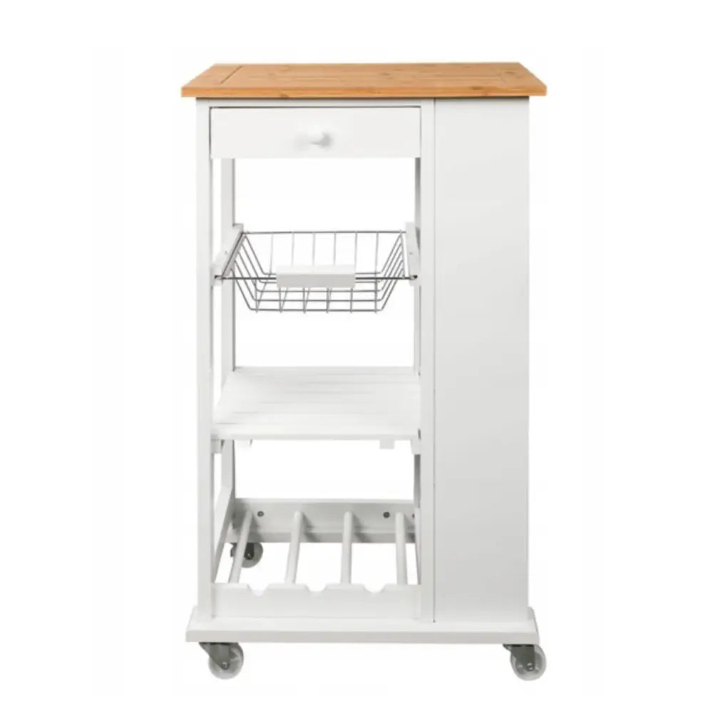 Kjøkkenvogn i hvitt med treplate, frontvisning som viser skuff, trådkurv, hylle og vinflaskeholder på hjul.