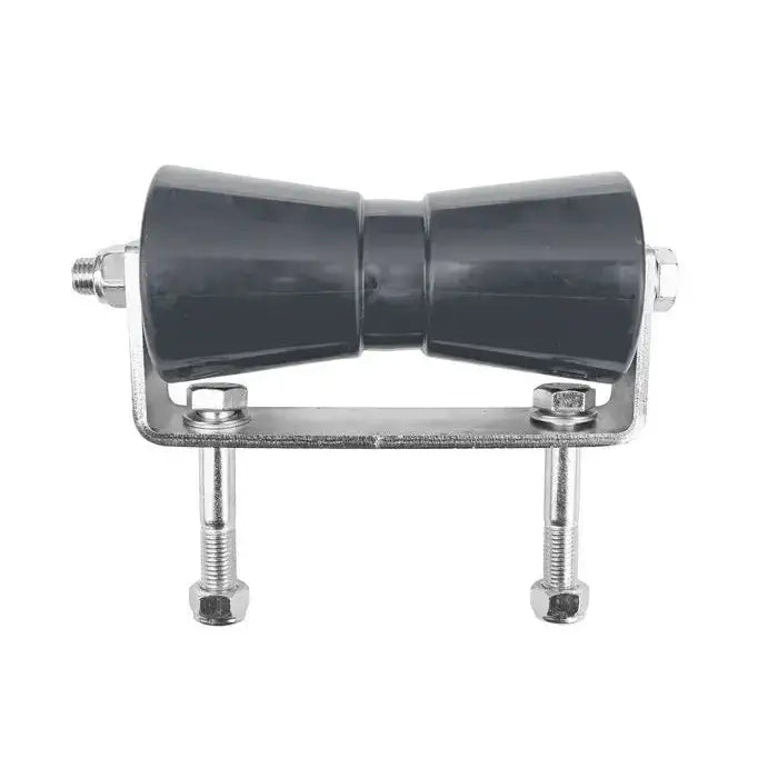 Kjølbunnrull i svart plast med metallbrakett, sett forfra med synlige bolter og muttere under festet.