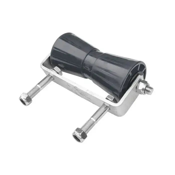 Kjølbunnrull med feste, sort plastvals i U-formet metallramme, sett skrått med synlige bolter og muttere.