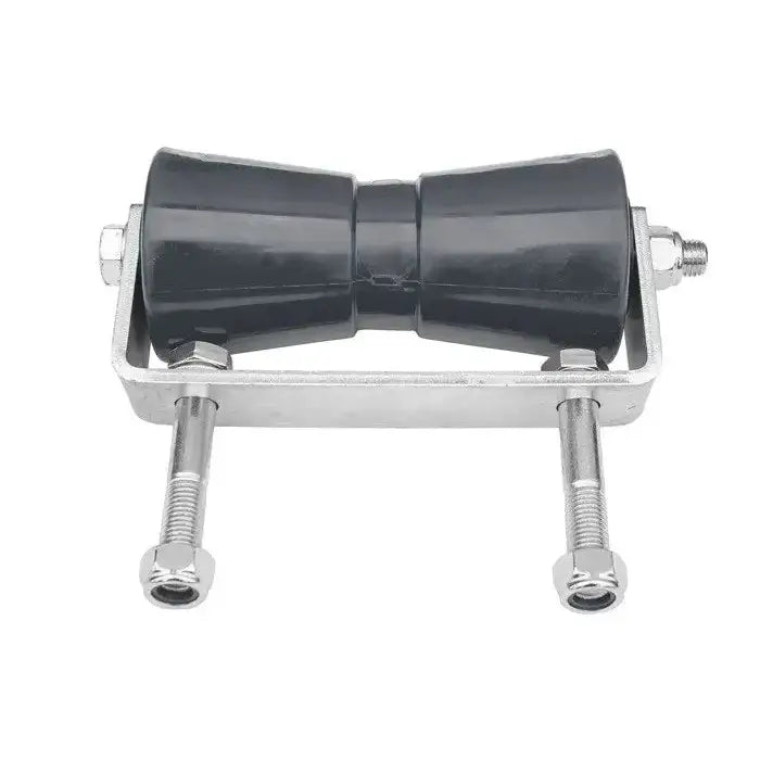 Kjølbunnrull med feste, svart plastkon rulle i metallramme med bolter, frontvisning mot hvit bakgrunn.