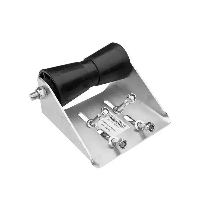 Kjølbunnrull med feste, skråvisning som viser svart konisk rulle, metallbrakett og fire bolter med muttere.