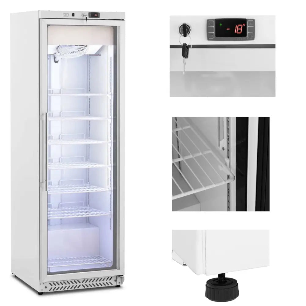 Hvit glasskjøleskap med seks metallhyller, digital temperaturvisning og innvendig LED-belysning.