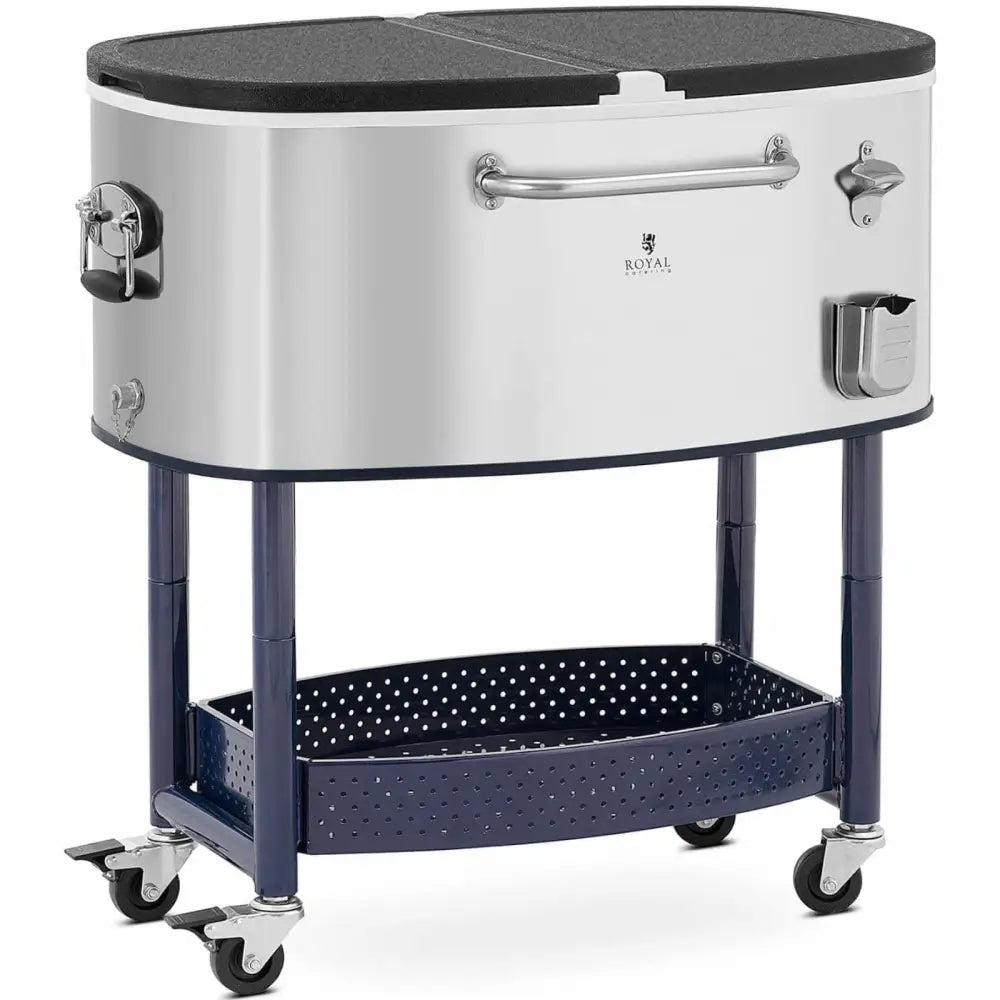 Kjøleboks barvogn 77 l, rustfri stålkropp på hjul med sort lokk, åpner, håndtak og perforert hylle.