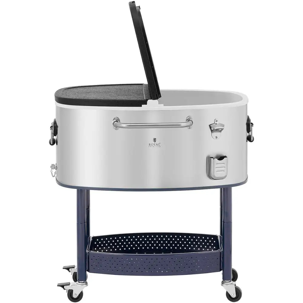 Kjøleboks barvogn i sølv med sort lokk, stålhåndtak, flaskeåpner og perforert hylle, sett fra siden.