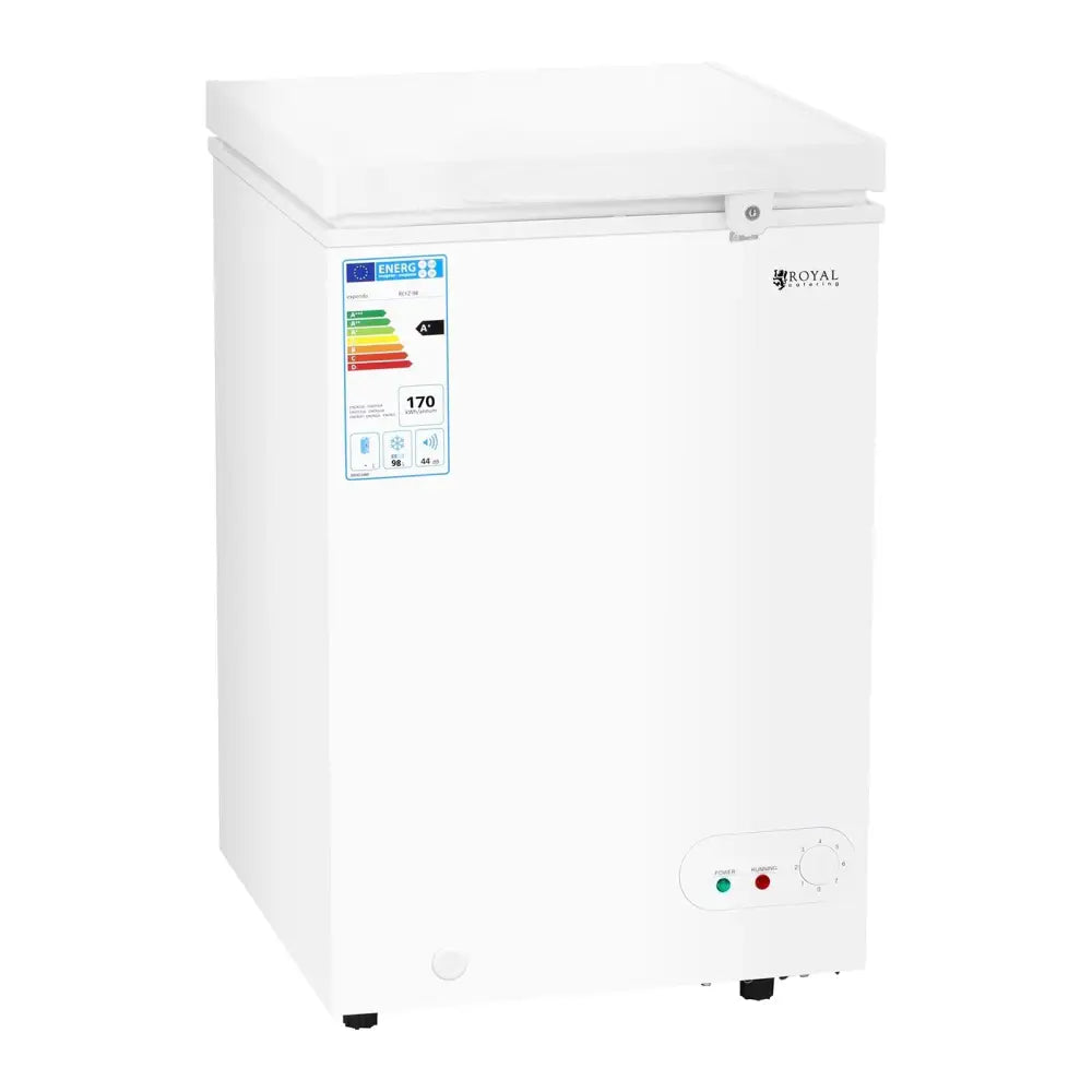 Kjøleboks for profesjonell bruk, hvit modell sett skrått forfra med energieffektivitetsmerke og kontrollpanel.