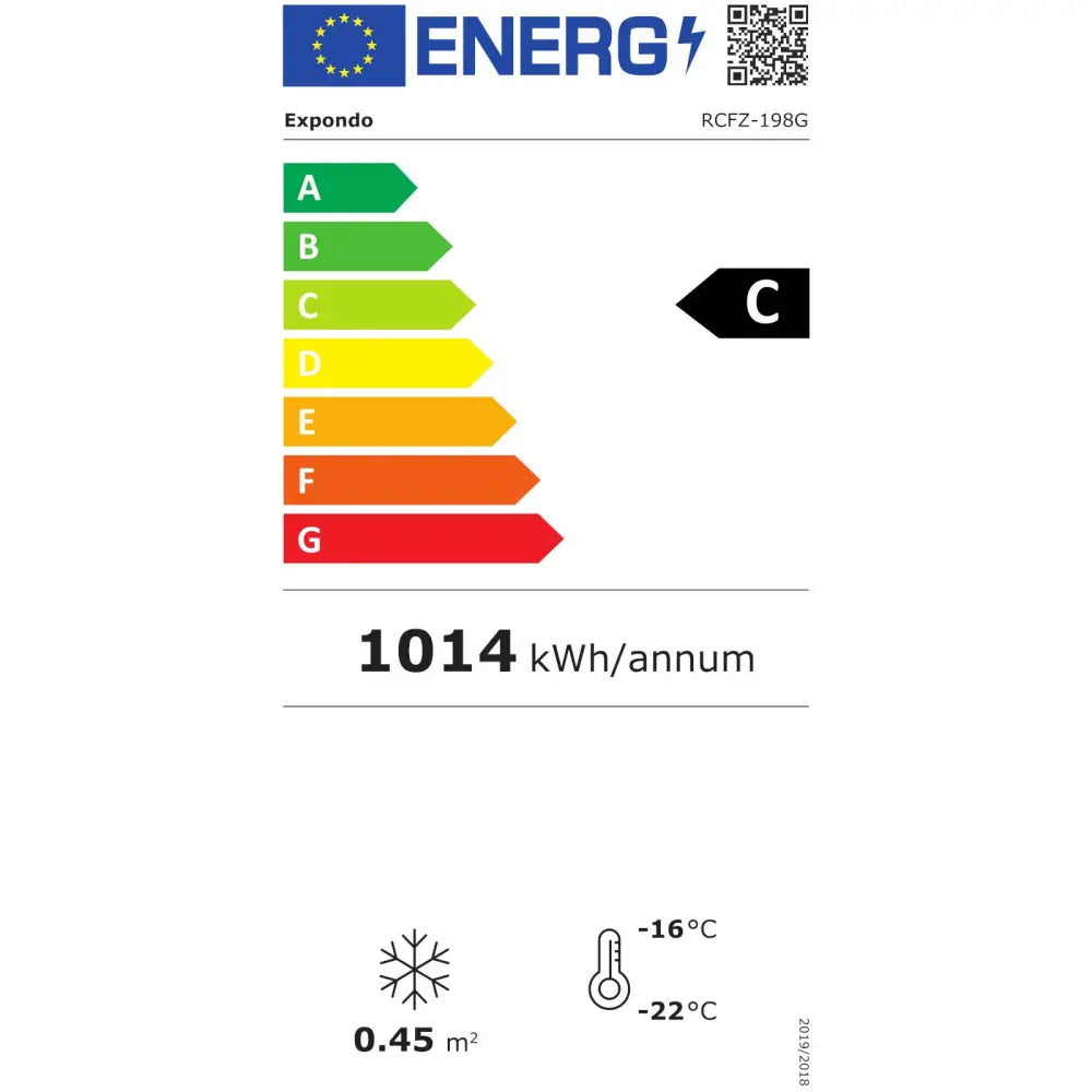 Energimerke for kjøleboks med glasslokk, energiklasse C, 1014 kWh, temperaturikoner -16 og -22 grader.