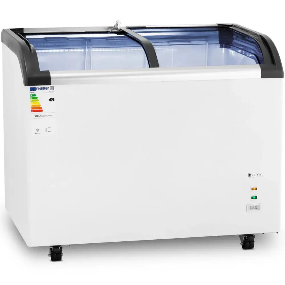 Kjøleboks for frossenmat, frontbilde med blått glasslokk, synlige hjul og kontrollpanel nederst til høyre.