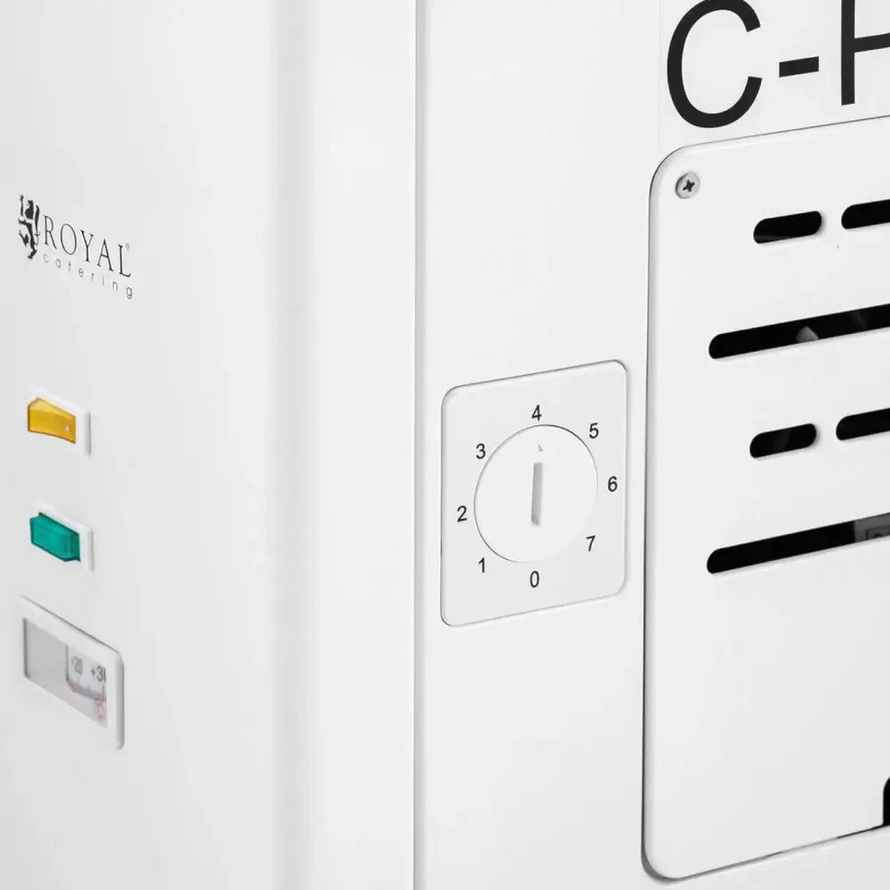 Kjøleboks med glasslokk, nærbilde av frontpanel med bryterhjul, luftespalter og fargede kontrollknapper.