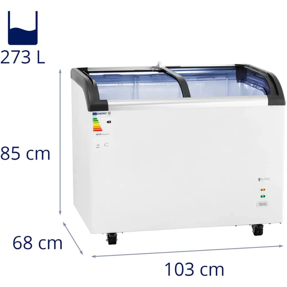 Kjøleboks for frossenmat 273 l, hvit modell med glasskyvelokk, synlige mål og kapasitet fra skrå vinkel.