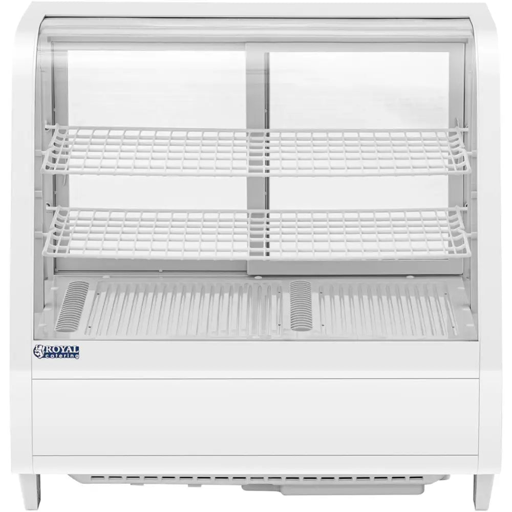 Kjøleeksponeringsdisk med tre nivåer, hvit modell sett forfra med buet glass og nettinghyller.