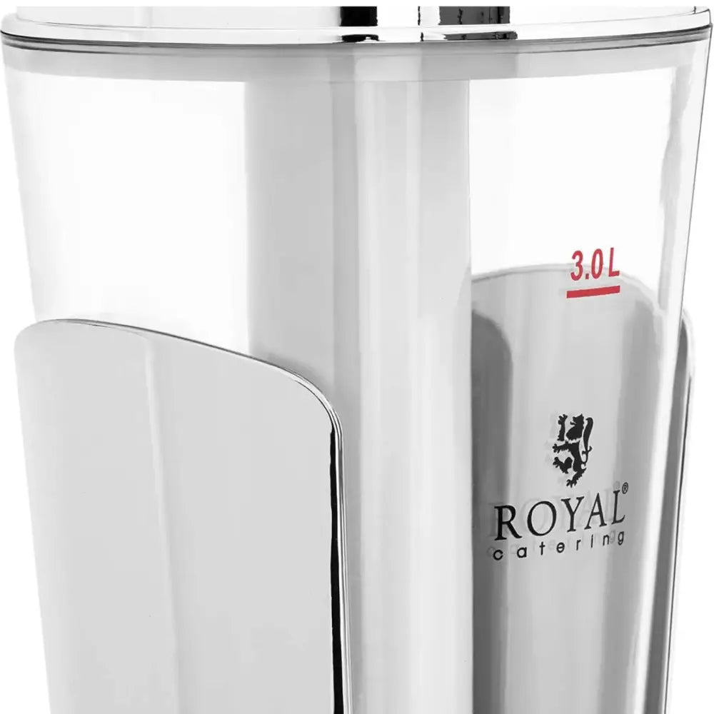 Kjølehette juice dispenser, nærbilde av 3 l beholder med tydelig målemerke og ROYAL catering-logo.
