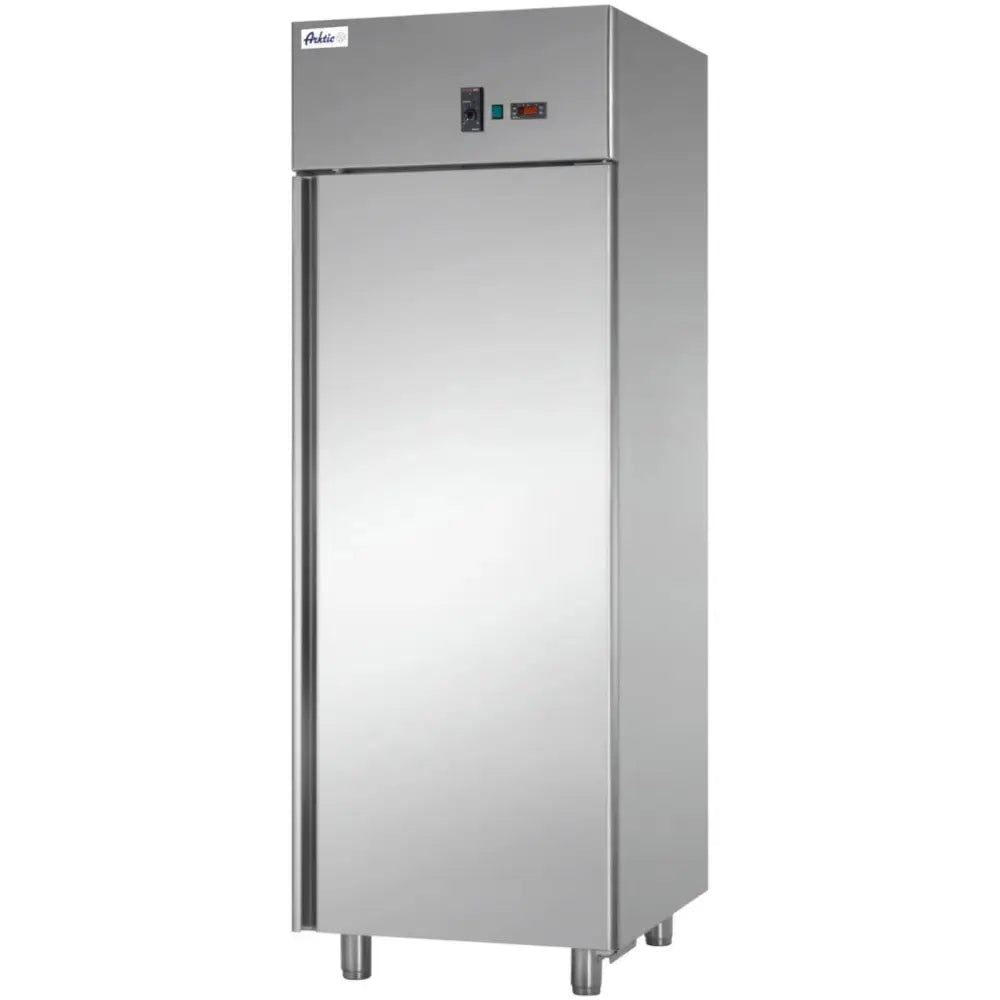 Kjølehjørneskap Sjokoladekjøler, skråvisning av rustfritt stålskap med digitalt display og kontrollpanel øverst.