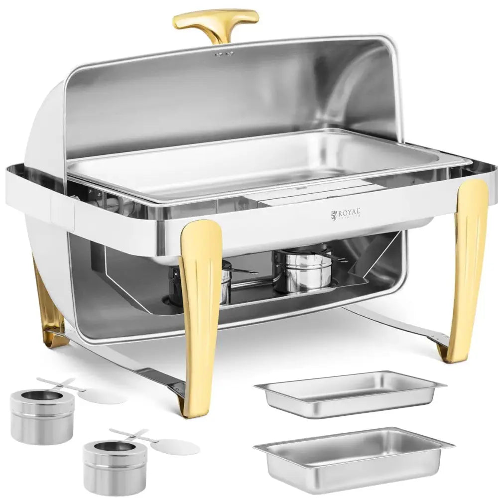 Kjøler for mat på bordet GN 1/1, skråvisning med åpnet rullelokk, gullben og brennkopper foran.