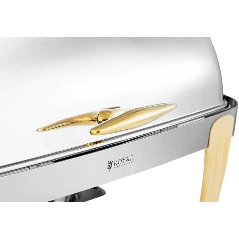 Kjøler for mat på bordet GN 1/1, nærbilde av gullfarget håndtak, ben og Royal Catering-logo.