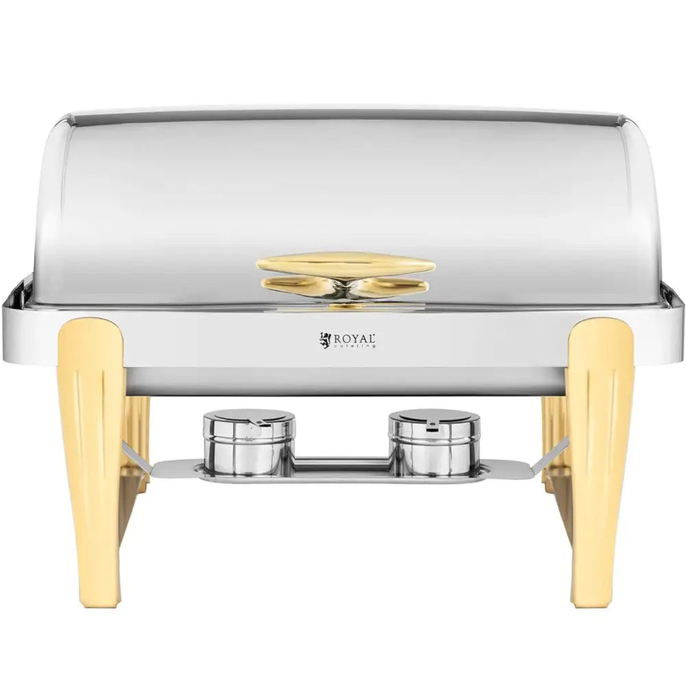 Kjøler for mat på bordet GN 1/1, frontbilde med rullelokk, gullhåndtak og synlige varmekilder.