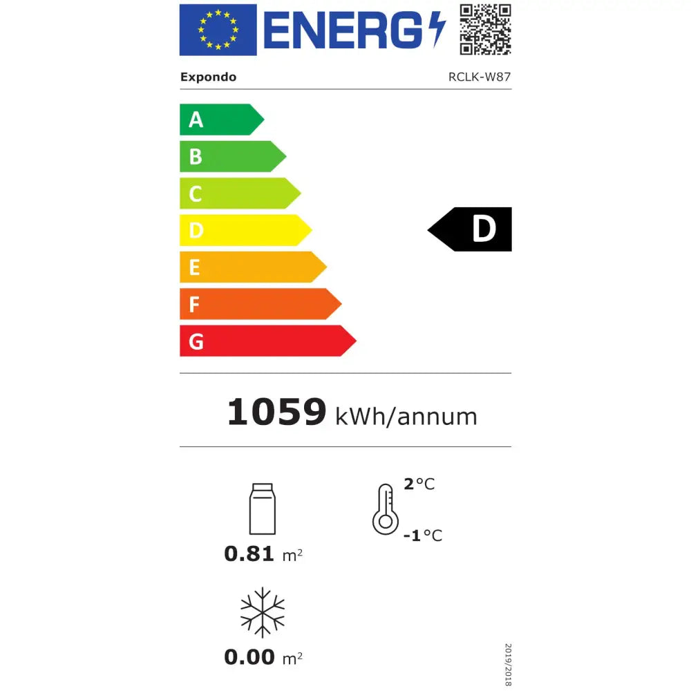 Europeisk energietikett for åpent kjøleskap 85L, energiklasse D og årlig forbruk på 1059 kWh.