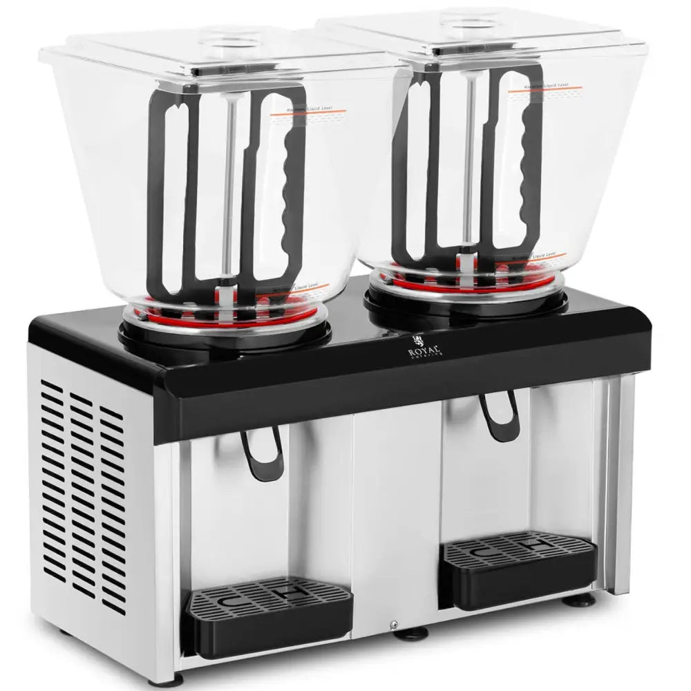 Kjølerdispenser for juice, dobbel modell med to 25 l beholdere, sorte miksere og dryppbrett i front.