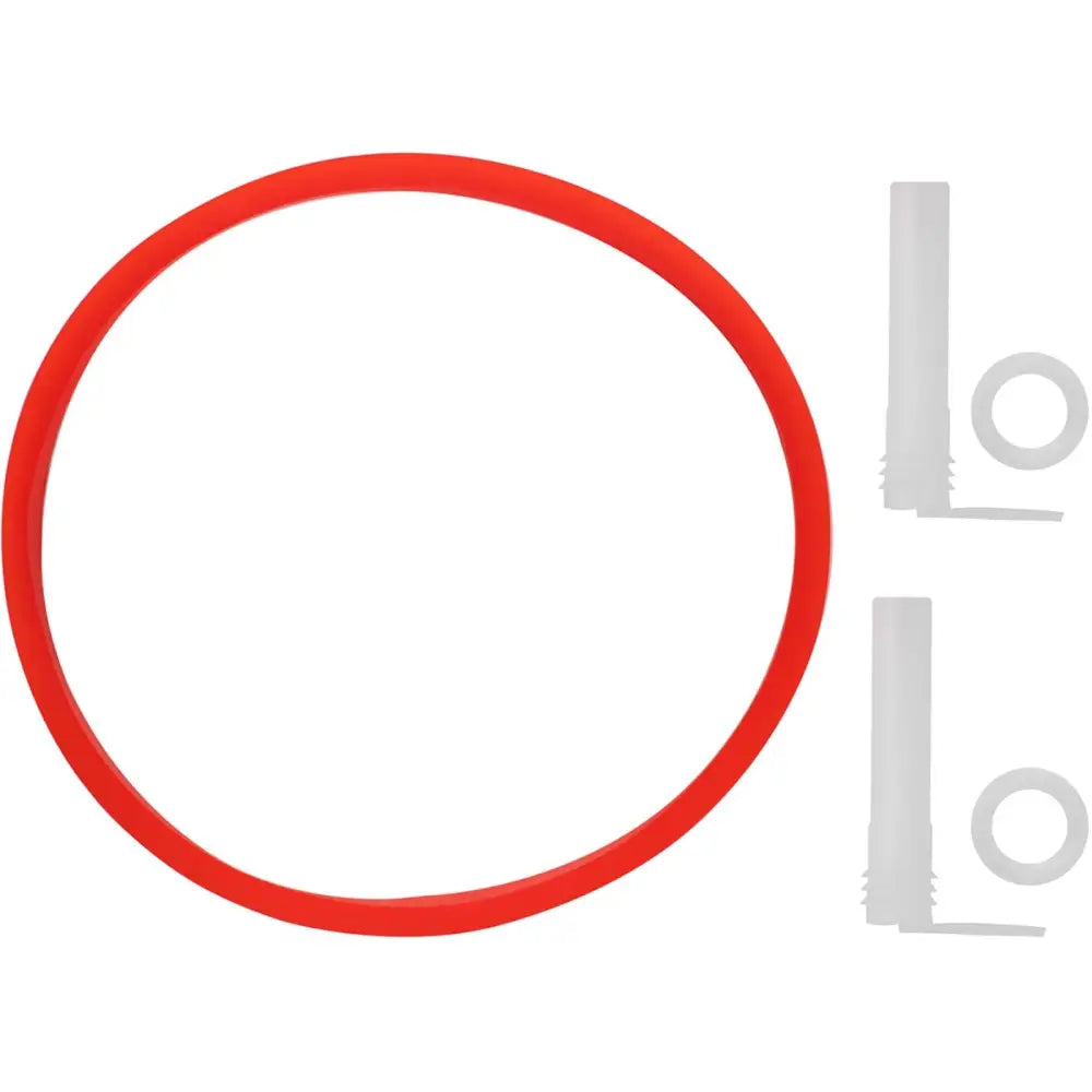 Rød silikonring med tilbehør, inkludert to hvite plastdeler og to runde pakninger, sett ovenfra.