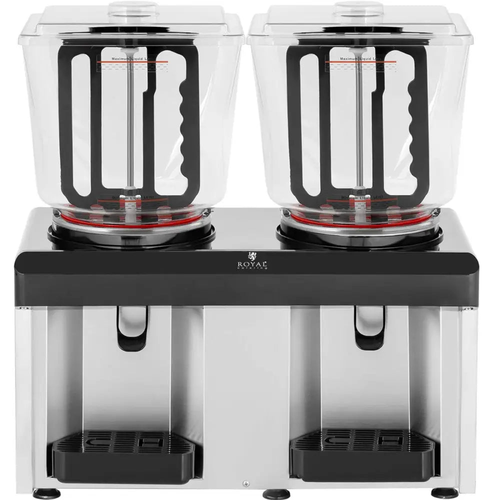 Dobbel kjølerdispenser med to gjennomsiktige 25-liters beholdere, sorte dryppbrett og rustfrie ståldetaljer.