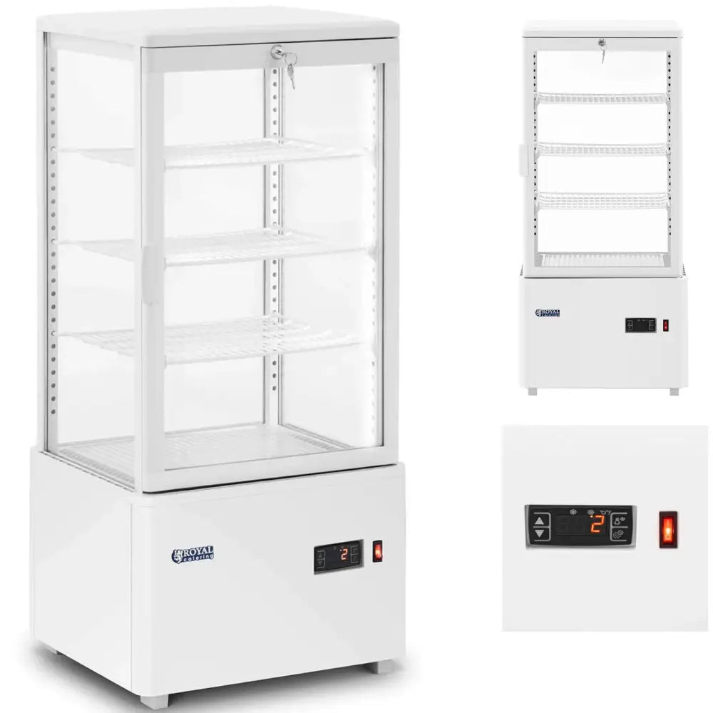 Kjølerom for eksponering, hvit glassmonter med fire hyller, låsbar dør og synlig kontrollpanel.