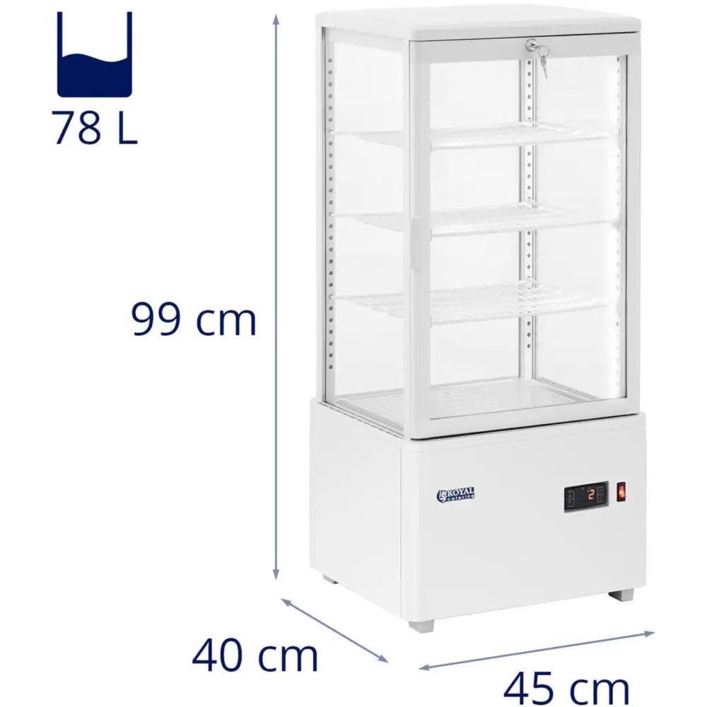 Kjølerom for eksponering, hvit modell med glasspaneler og tre hyller, sett fra siden, kapasitet 78 liter.