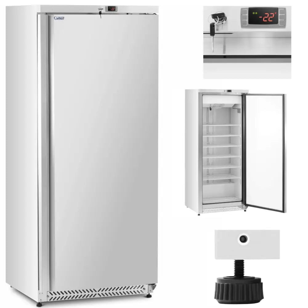 Kjølerom fryser i sølv med én dør, digitalt display, nøkkellås og sju justerbare hyller, åpen og lukket.