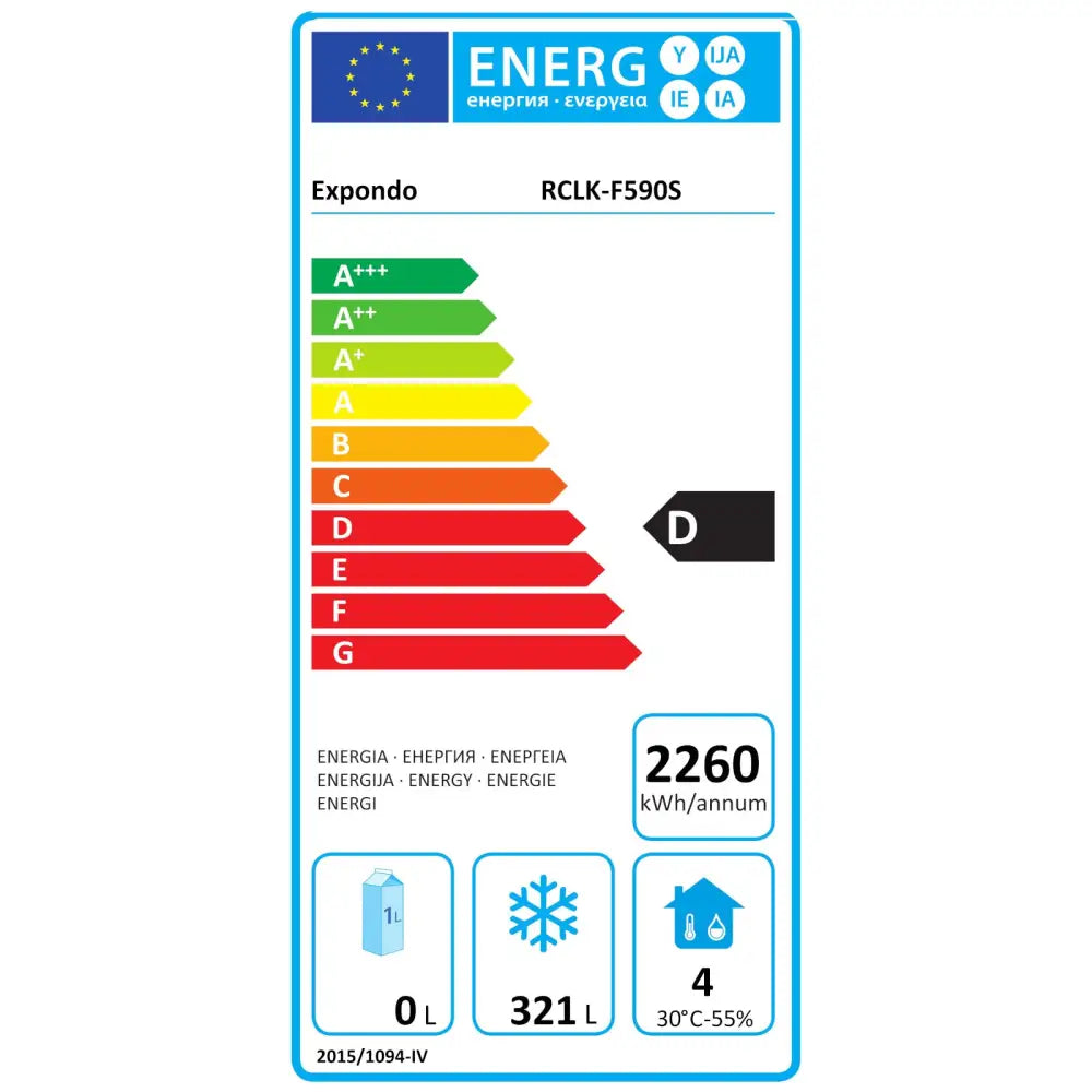 Energimerkeetikett for kjølerom fryser, viser energiklasse D, 2260 kWh forbruk og 321 liter frysekapasitet.