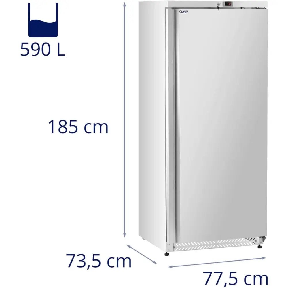 Kjølerom fryser i sølv, hjørneperspektiv som viser skapets størrelse, kapasitet og digitale mål.