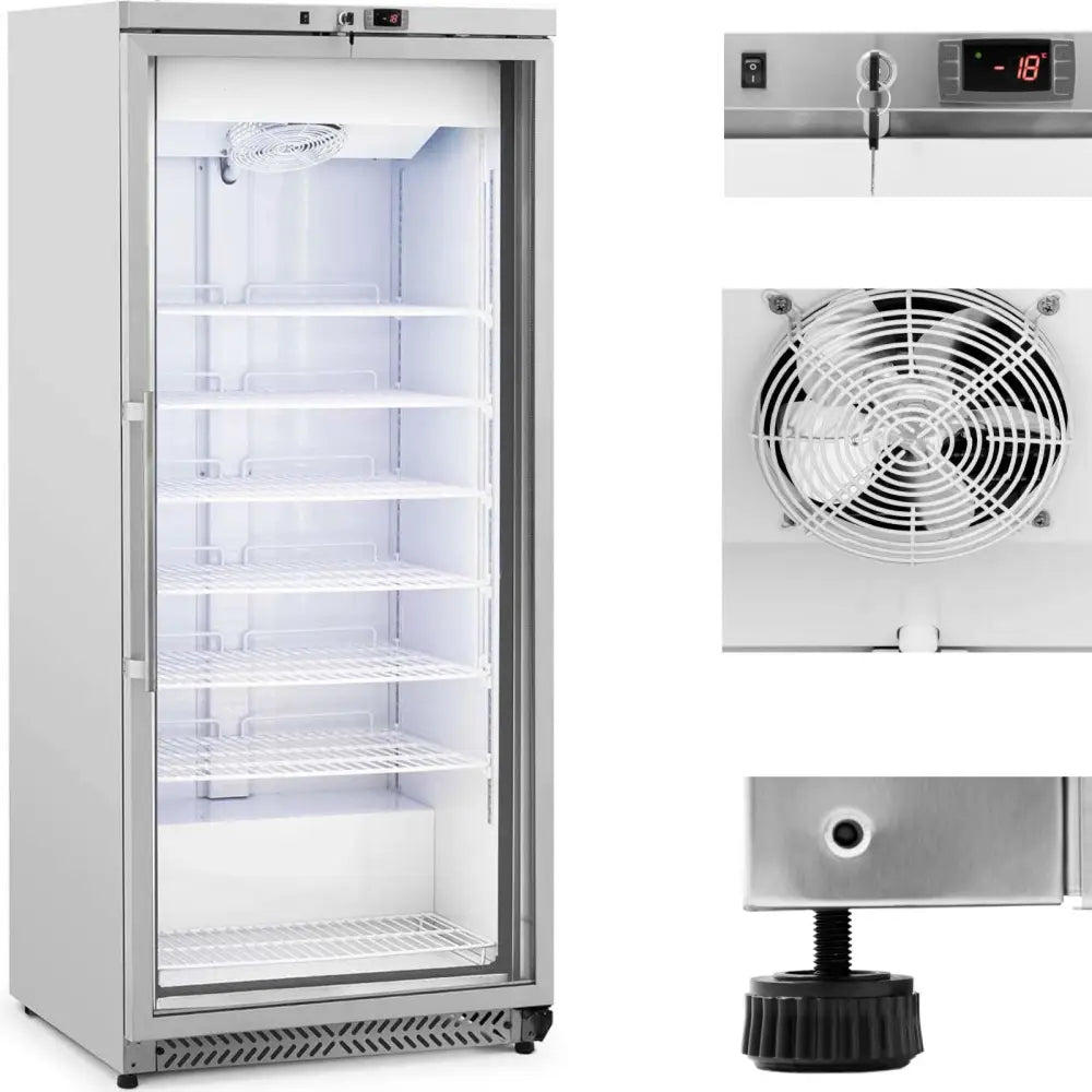 Kjølerom fryser med glassdør, seks hyller, digitalt display, vifte og justerbar fot i front.