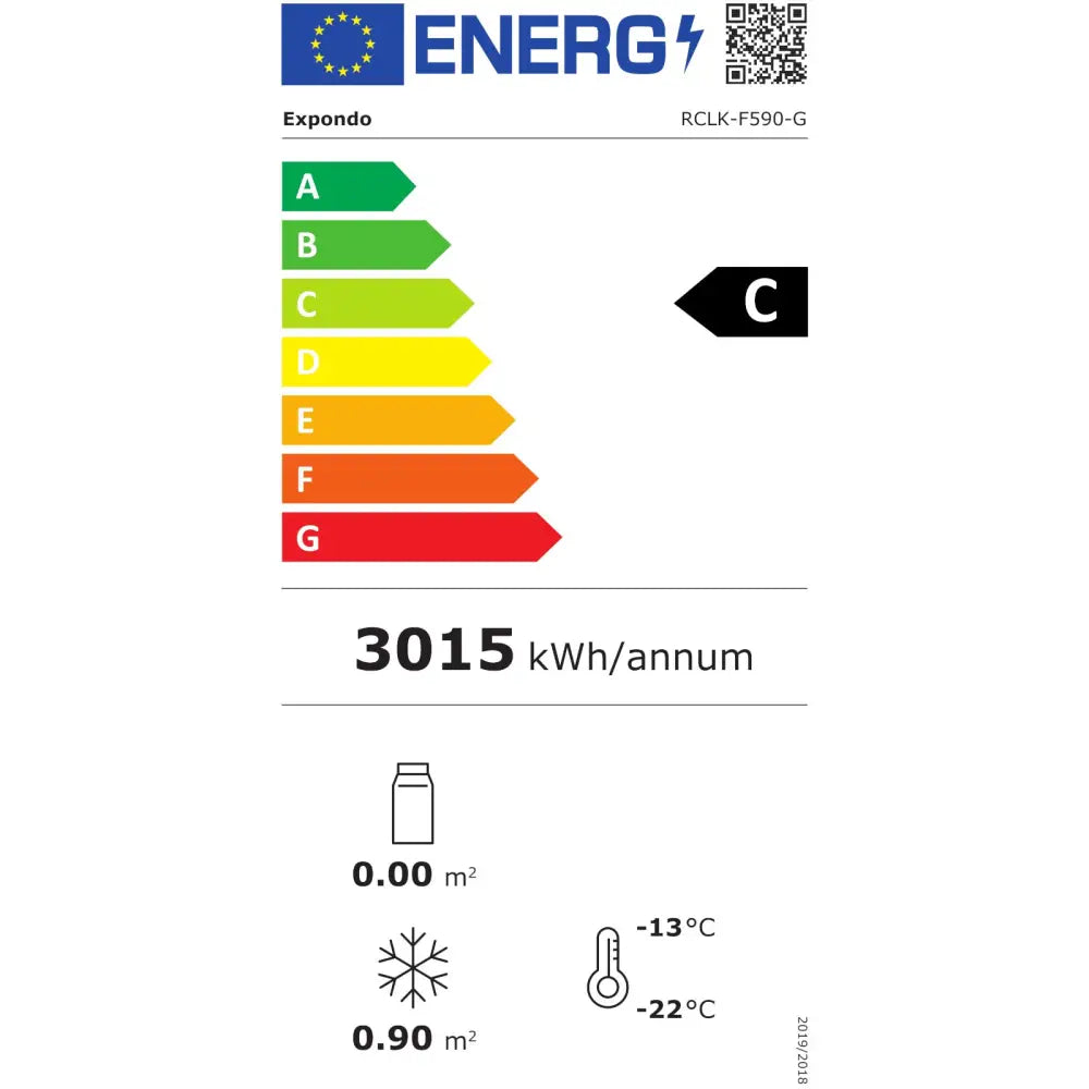 Energimerke for kjølerom fryser, energiklasse C, årlig forbruk 3015 kWh, temperatur- og kapasitetsikoner.