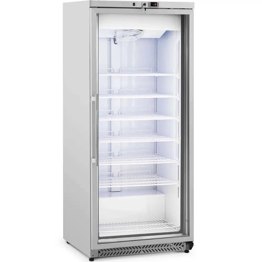 Kjølerom fryser med glassdør, seks trådhyller og innvendig belysning, sett skrått fra høyre side.