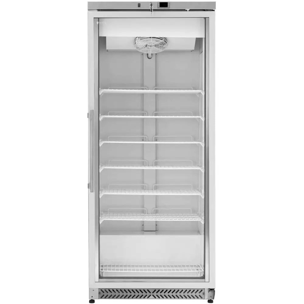 Kjølerom fryser med glassdør, seks hvite trådhyller og vifte øverst, sett rett forfra i sølvfarge.