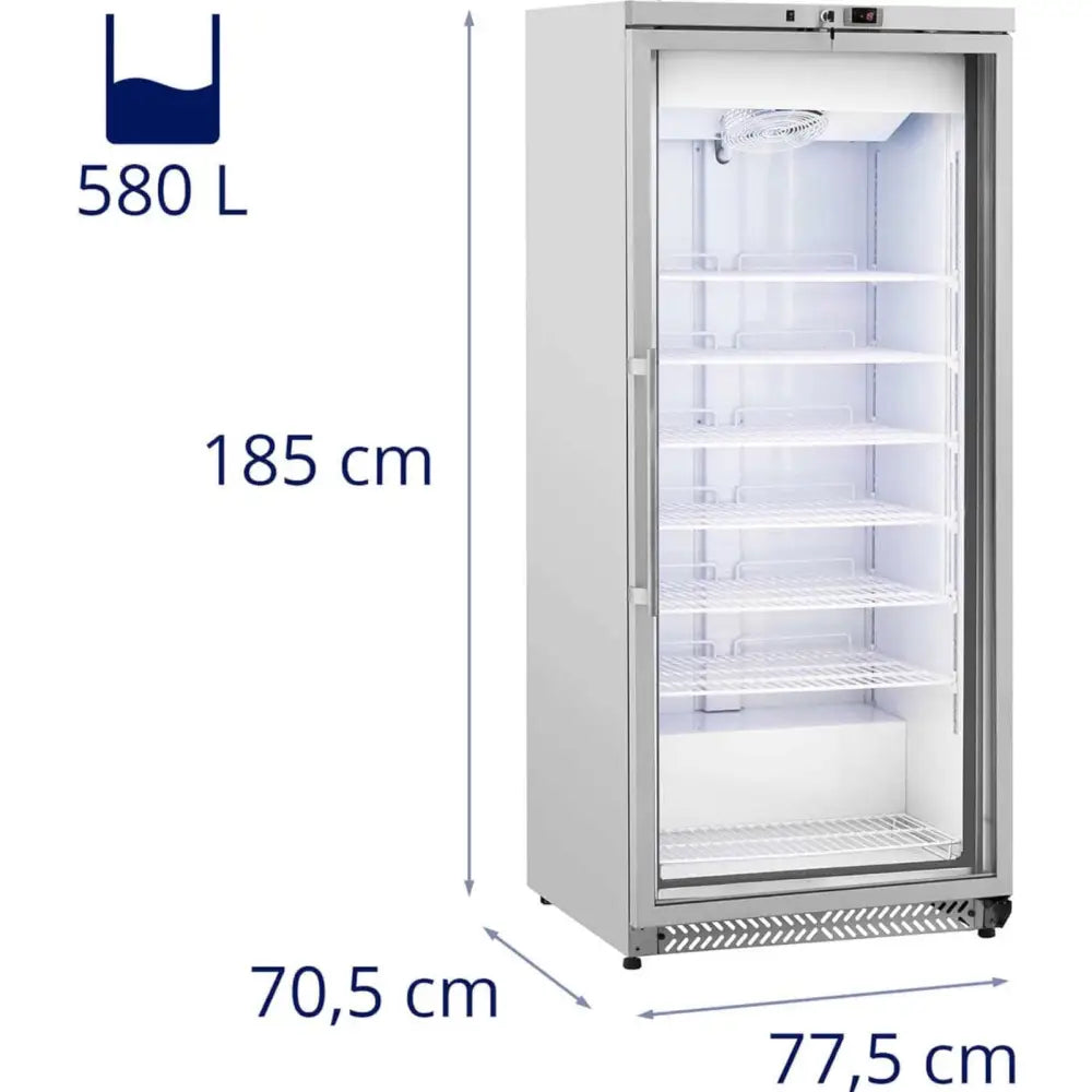 Kjølerom fryser med glassdør, syv hyller og innvendig lys, vinklet visning, mål og volum synlig på skapet.