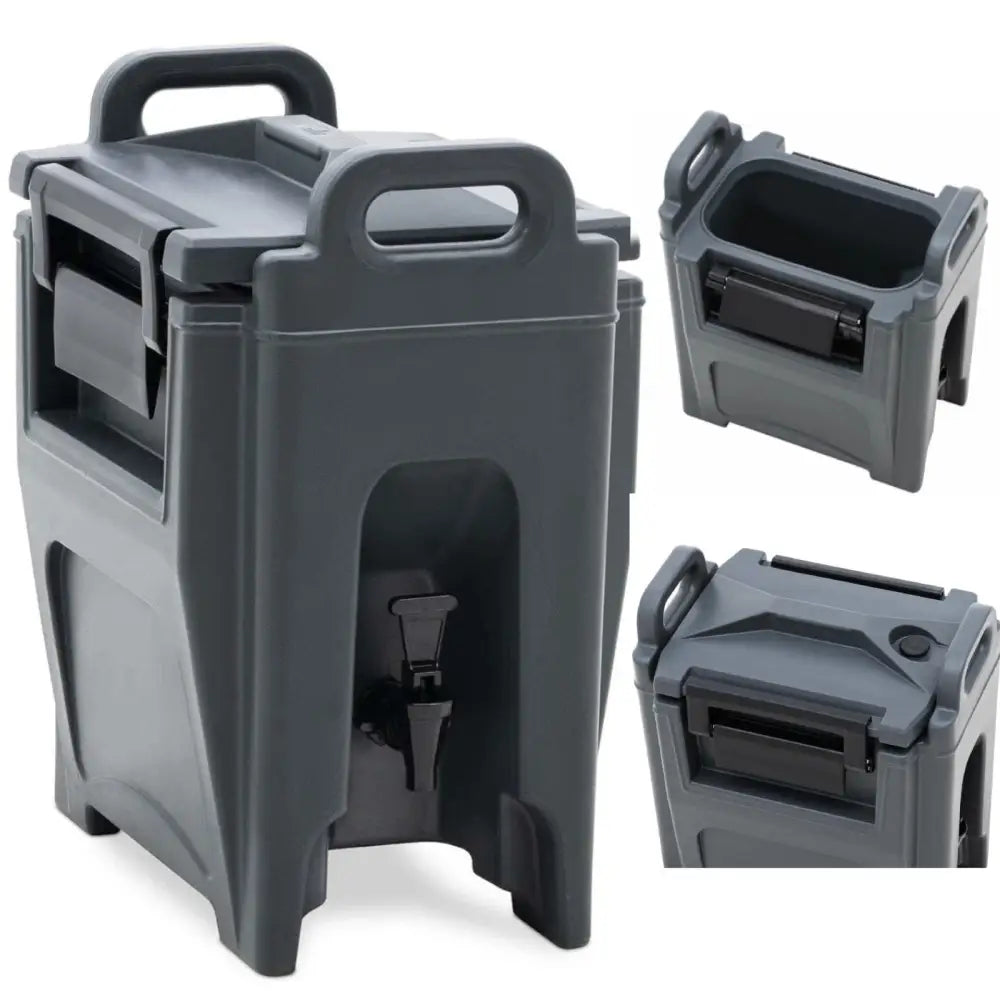 Kjølerom med tappekran, mørkegrå plastbeholder med lokk, fronttapp og bærehåndtak, sett fra ulike vinkler.