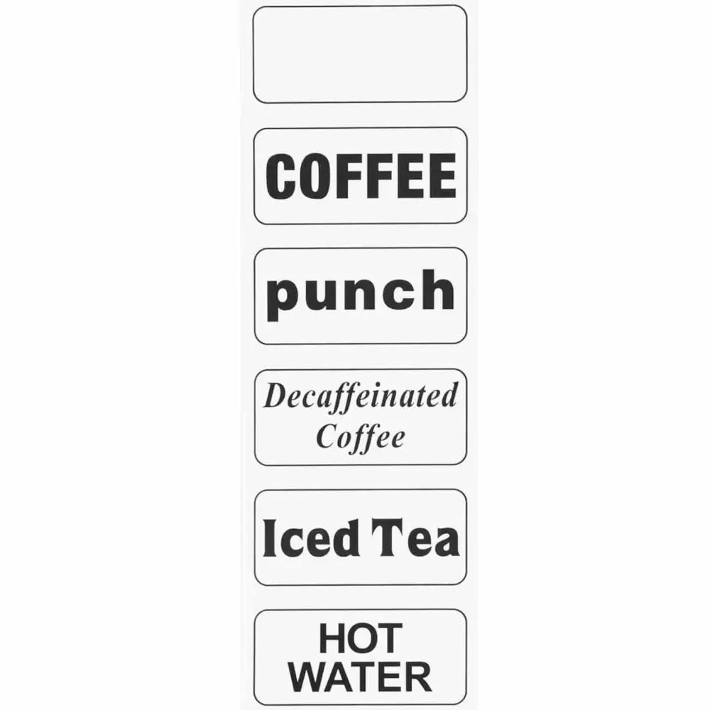 Seks hvite drikkeetiketter med sort tekst i ulike fonter, for bruk med kjølerom med tappekran.