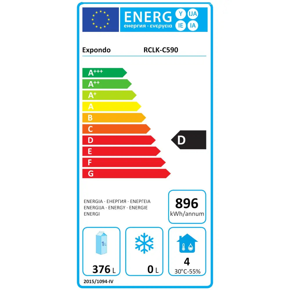 Energimerkeetikett for kjøleromskap, energiklasse D, årlig forbruk 896 kWh, kapasitet 376 liter.